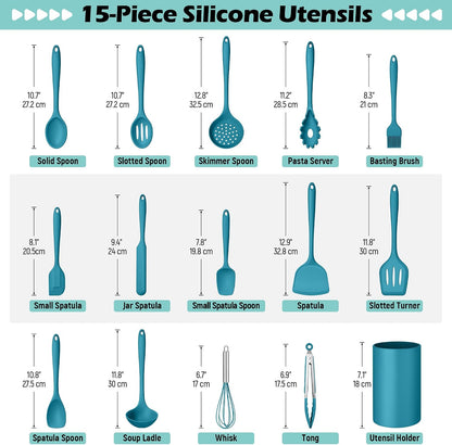 Homikit Silicone Cooking Utensil Set, 15pcs Kitchen Utensils with Holder for Nonstick Cookware, Heat Resistant Nontoxic Silicone Spatula Set Dishwasher Safe Kitchen Tools for Baking-Black