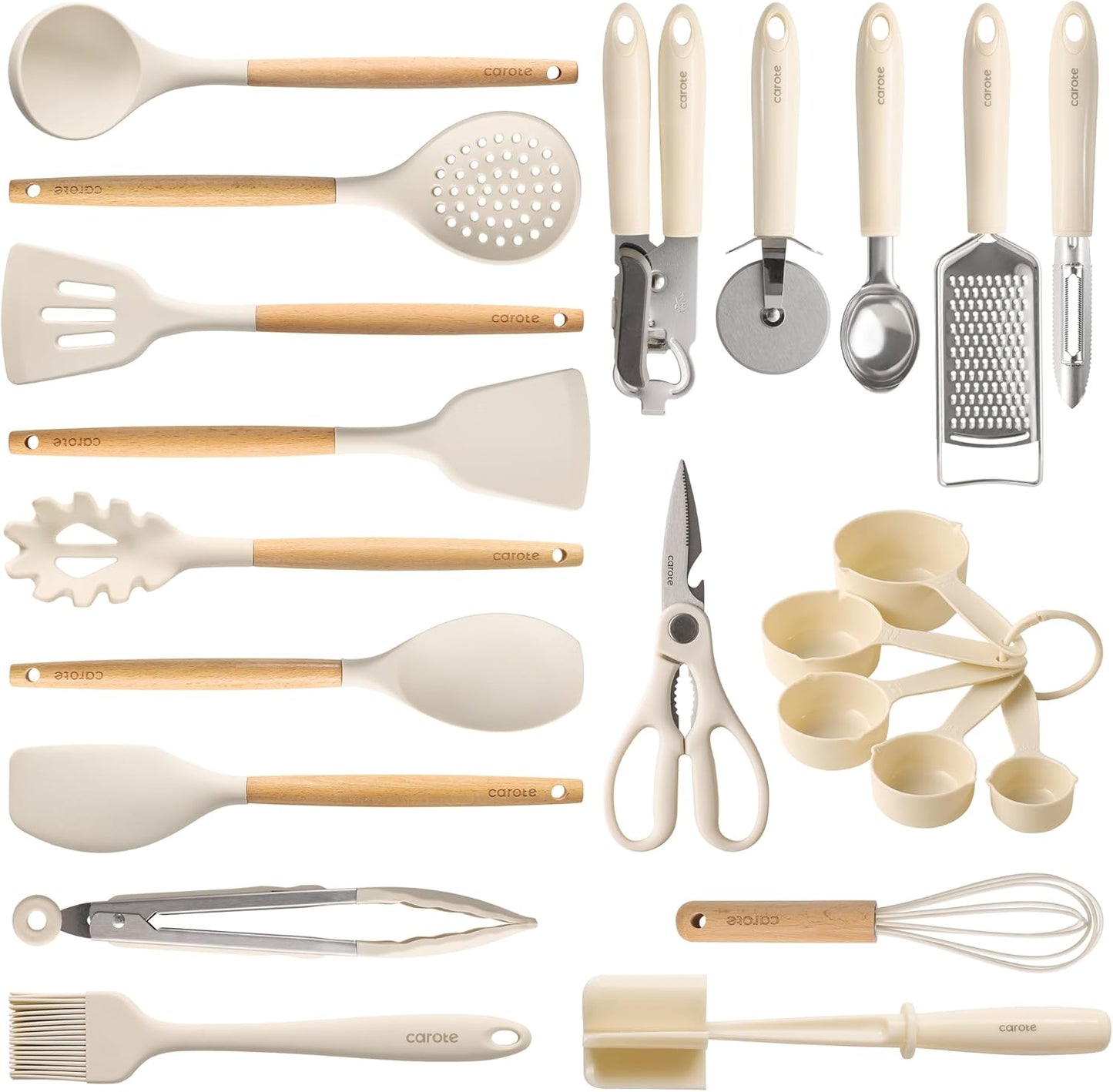 CAROTE Silicone Cooking Utensils Set, Kitchen Utensils Set 10 Pcs for cooking, BPA Free Spatula Set with Heat Resistant Wood Handles for Nonstick Cookware (Cream White)