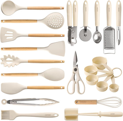 CAROTE Silicone Cooking Utensils Set, Kitchen Utensils Set 10 Pcs for cooking, BPA Free Spatula Set with Heat Resistant Wood Handles for Nonstick Cookware (Cream White)