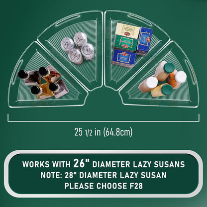 JEISSLIA Lazy Susan Cabinet Organizer Bins for 26"/ 28"/ 32" Diameter Corner Organizer, Plastic Cabinet Storage Bin, 1/8 Wedge - Food Safe, BPA Free, with Non-Slip Pads (for 26" Diameter, 6 Pack)