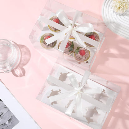 JCD 4 Pack Clear Cupcake Boxes, Plastic Cupcake Containers with Gift Ribbon, 5.5inches height Holder 6 Count Cup Cake Boxes for Parties, Baking, Wedding, Transport (6count/4pcs)