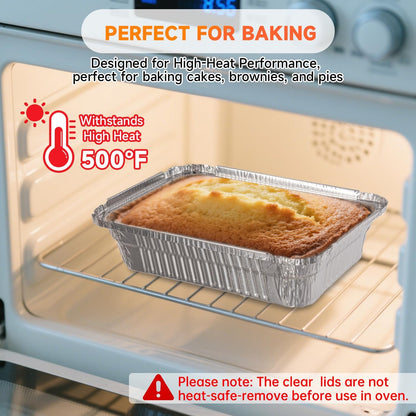 Aluminum Pans with Clear Lids - 50 Pack 2.25LB Capacity Disposable Pans with Plastic Dome Lids, 8.5”x6” Heavy Duty Tin Foil Pans for Cake Baking, Cooking, Heating, Storing, Prepping Food