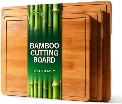 Zarler Bamboo Cutting Boards for Kitchen, 3 Piece Durable Wood Cutting Board with Juice Grooves and Handles, Wooden Chopping Board Set for Meal Prep, XL Size, Ideal Kitchen Gift