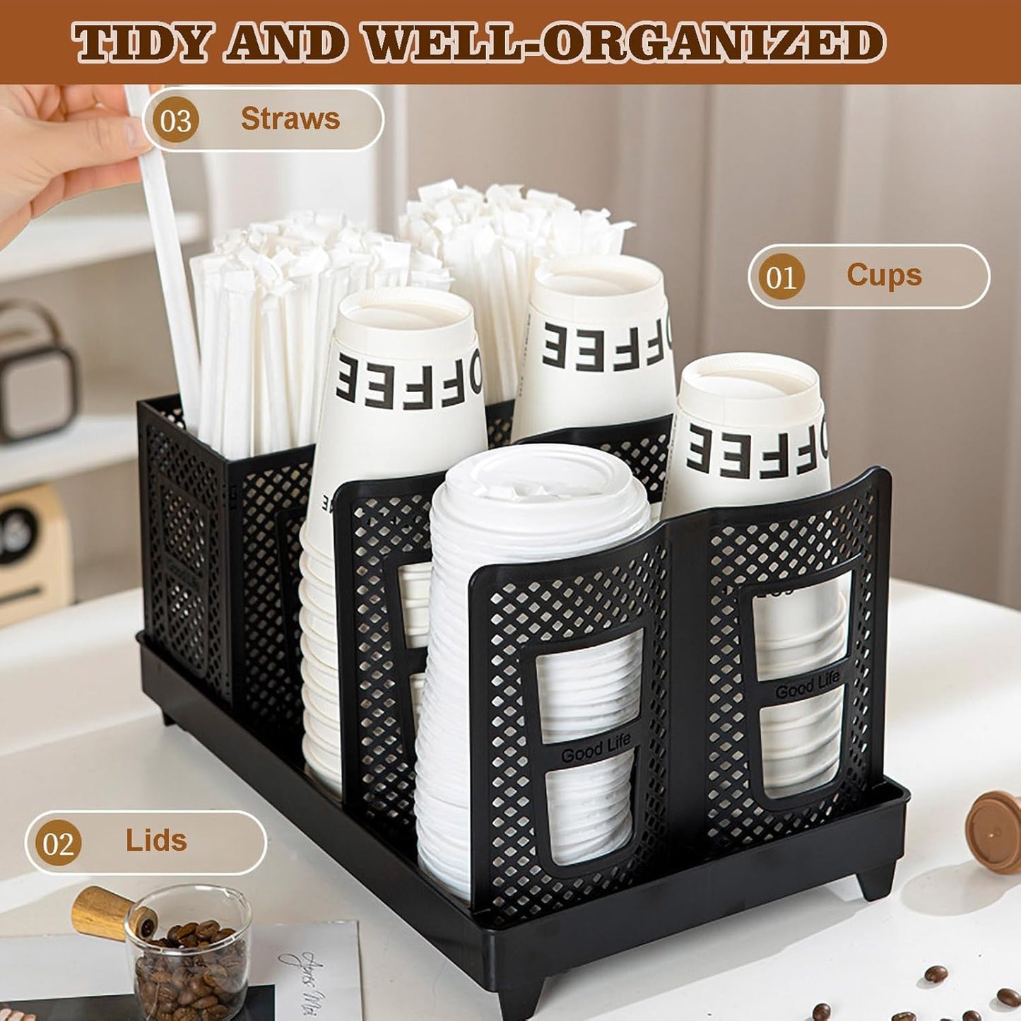 Tirifer Cup and Lid Holder, Disposable Paper Cup Dispenser with Stand, 6 Slots Coffee Cup and Lid Storage Organizer for Coffee Station Bar Office Home Countertop Breakroom Restaurant