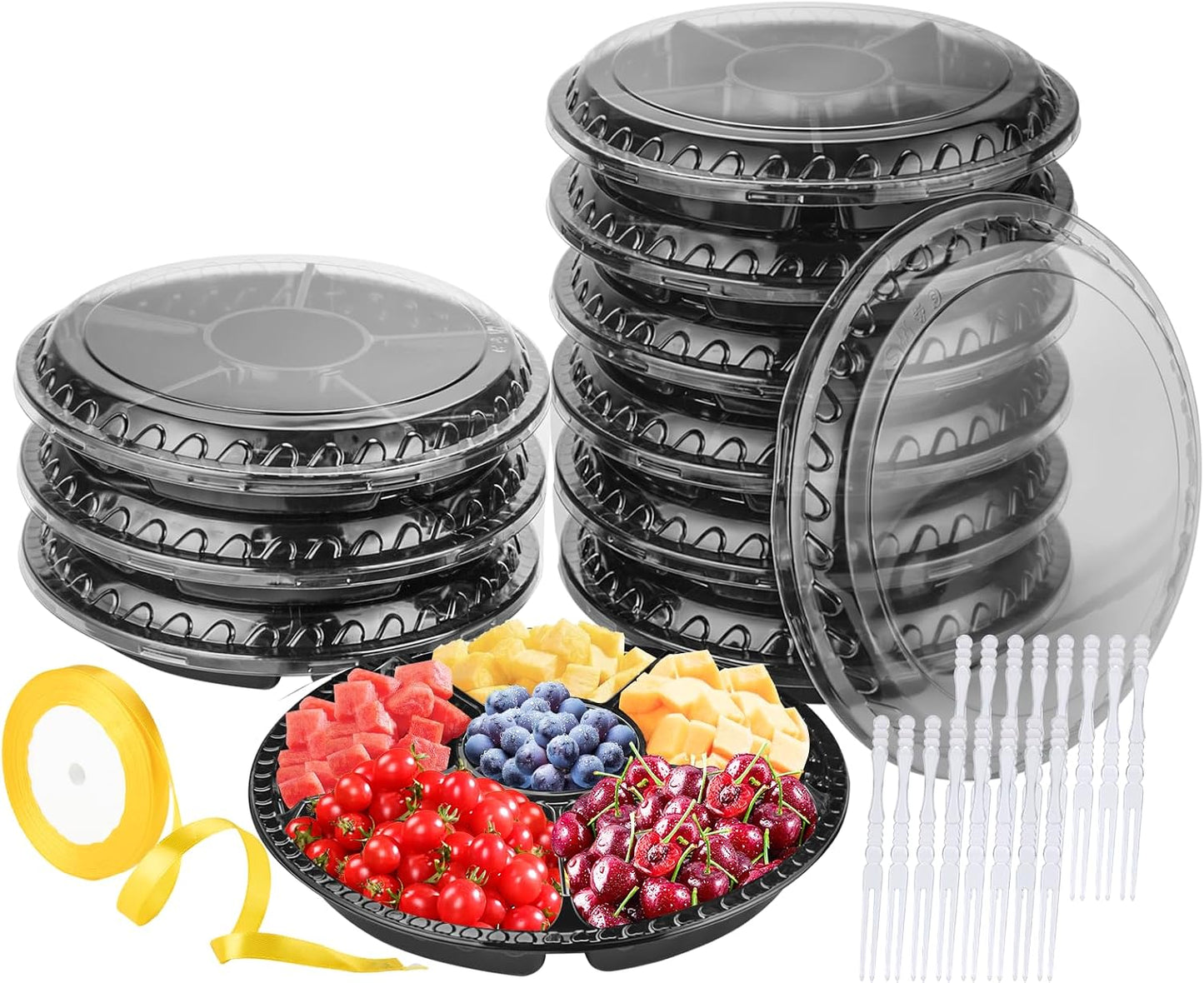 Plastic Appetizer Tray with Lid - Heavy Duty,Recyclable 12 in. Veggie Fruit Snacks Trays Disposable Food Storage Containers,10 Pcs Food Serving Platters for Party and Buffet with 100 Forks
