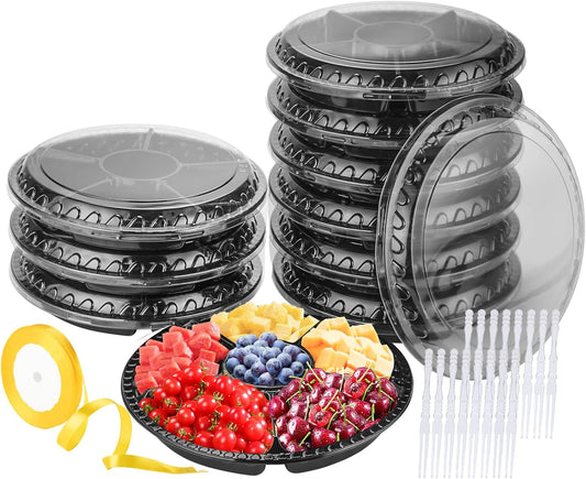 Plastic Appetizer Tray with Lid - Heavy Duty,Recyclable 12 in. Veggie Fruit Snacks Trays Disposable Food Storage Containers,10 Pcs Food Serving Platters for Party and Buffet with 100 Forks