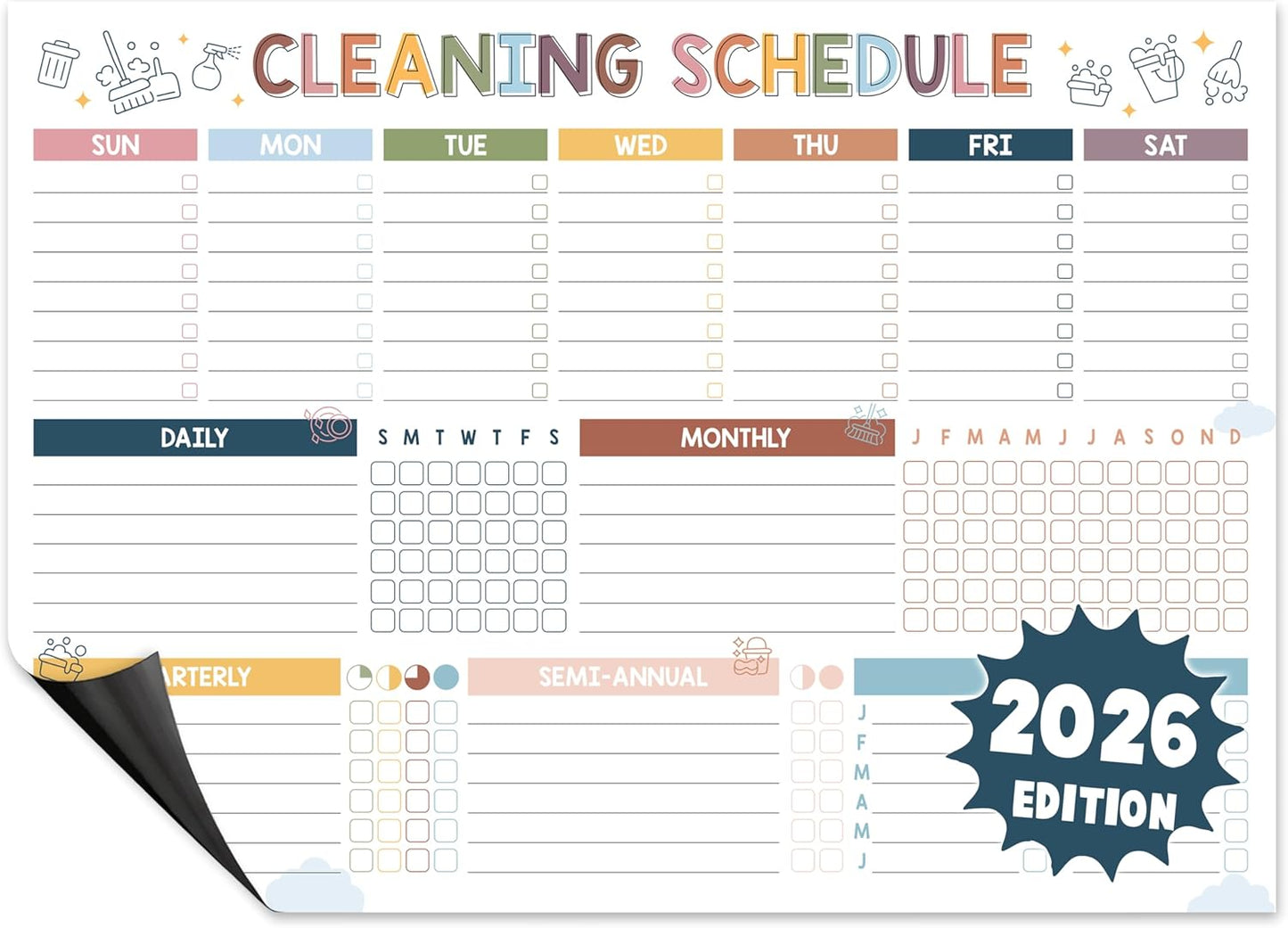 Magnetic Cleaning Schedule and Checklist Dry Erase Board - Reusable Cleaning Schedule for Home, Kitchen & Bathroom | Weekly & Monthly Chore Chart for Adults, Strong Magnet, Easy Erase