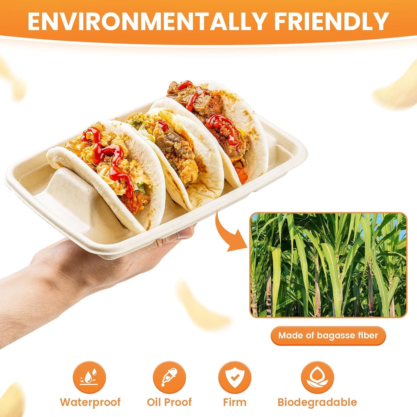 25 PCS Disposable Taco Holders for Party, Bagasse Pulp Fiber Taco Plates with 3 Dividers, Fiesta Taco Tray Holder, Taco Stands for 3 Tacos, Taco Tuesday Lazy Susan Taco Bar Serving Set for Party