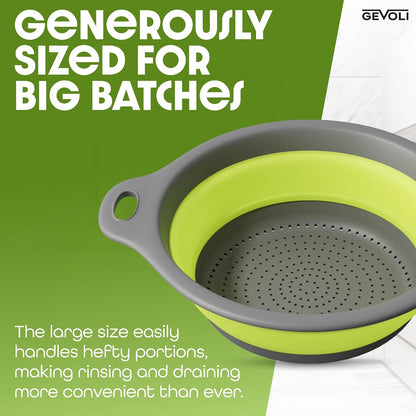 Gevoli Strainer with Self-Draining Base (5QT) Over-Sink Collapsible Kitchen Colander Set with Side-drain Base for Pasta Vegetables and Fruit, XL Large Capacity, Dishwasher Safe (5-Quart) Red/Gray