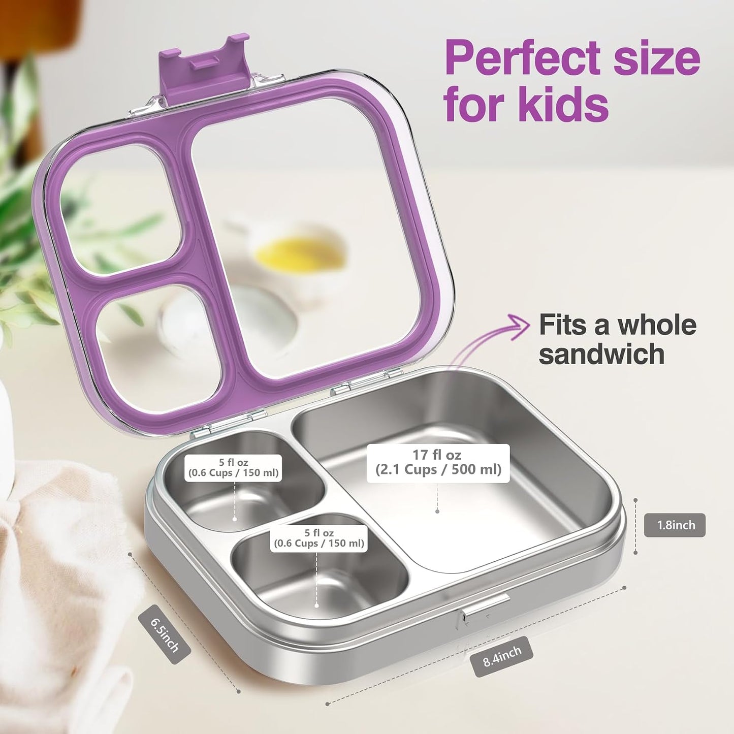 HOMEKOL Stainless Steel Bento Lunch Box, 3-Compartment Leak-Proof Lunch Container for Kids & Adults, BPA/BPS-Free 304 Metal Food Box, Dishwasher Safe, Clear Tritan Lid, Green (Not Insulated)