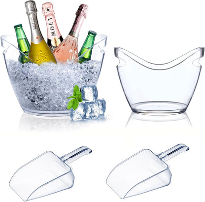 Mwellewm Beverage Tubs for Parties Plastic Ice Bucket for Cocktail Bar Clear Acrylic Wine Bucket with Scoops Drink Bucket Cooler for Chiller Bin for Champagne or Beer (8 L, 4 L)