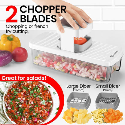 KEOUKE 8-in-1 Vertical Vegetable Chopper Mandoline Slicer with Container White - Safe Tap Out Dicer with Hand Guard for Kitchen Easy Food Prep, Onion Potato Veggie Fruit