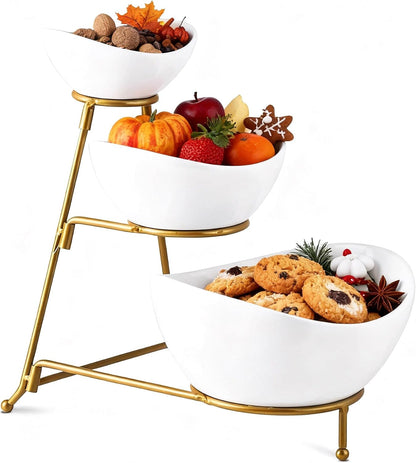 Gomakren 3 Tiered Oval Serving Bowl with Collapsible Metal Rack, Chip and Dip Serving Set, Dessert Appetizer Bowl Set (45oz / 17.5oz / 7oz), Serving Bowls For Mothers Day Entertaining (Gold Stand)