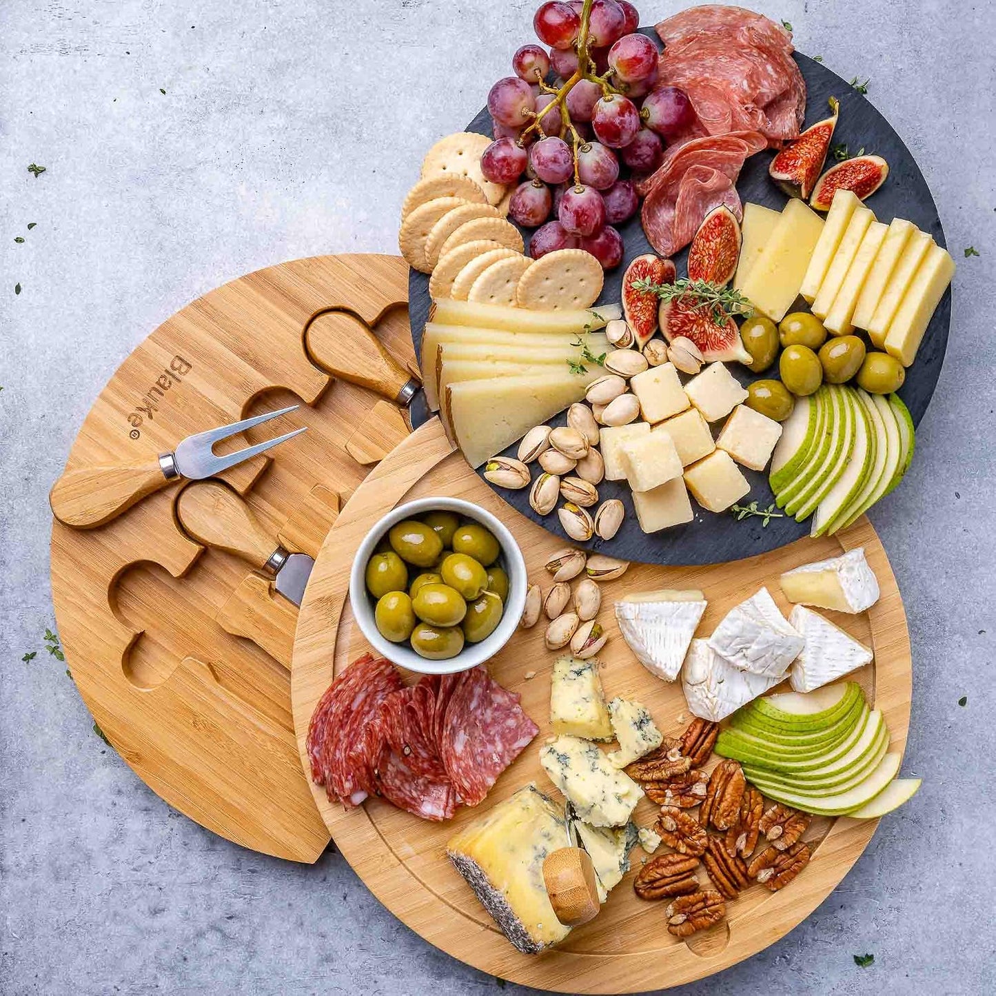 Bamboo Cheese Board and Knife Set – 14 inch Round Charcuterie Board, Serving Tray, Platter, Wood Cheeseboard Set with Slide-Out Drawer – BlauKe®