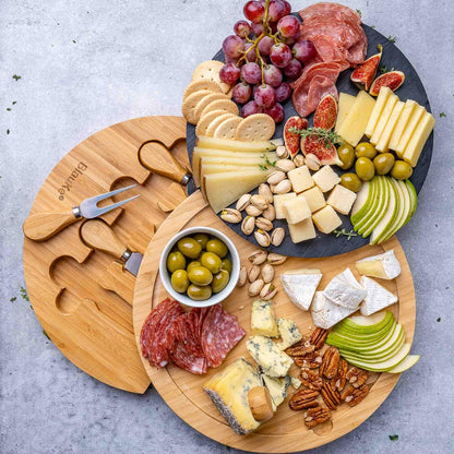 Bamboo Cheese Board and Knife Set – 14 inch Round Charcuterie Board, Serving Tray, Platter, Wood Cheeseboard Set with Slide-Out Drawer – BlauKe®