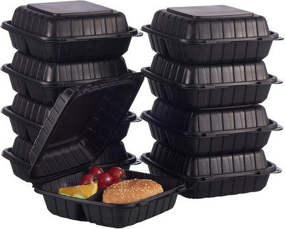 FULING [8x8-Inch, 50 Pieces, 3-Compartment Disposable To Go Box Containers, Plastic Clamshell Takeout Food Trays, Microwave Safe, Cut Resistantstable Hinged Lid, Hybrid Polypropylene, White