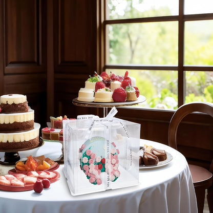 Clear Cake Box, 2 Pcs Transparent Cake Carrier Box with Lids, 4'' PET Packaging Boxes with Ribbon Gift Card for Pastries, Clear Gift Boxes for Birthday, Wedding and Festival Party, White.
