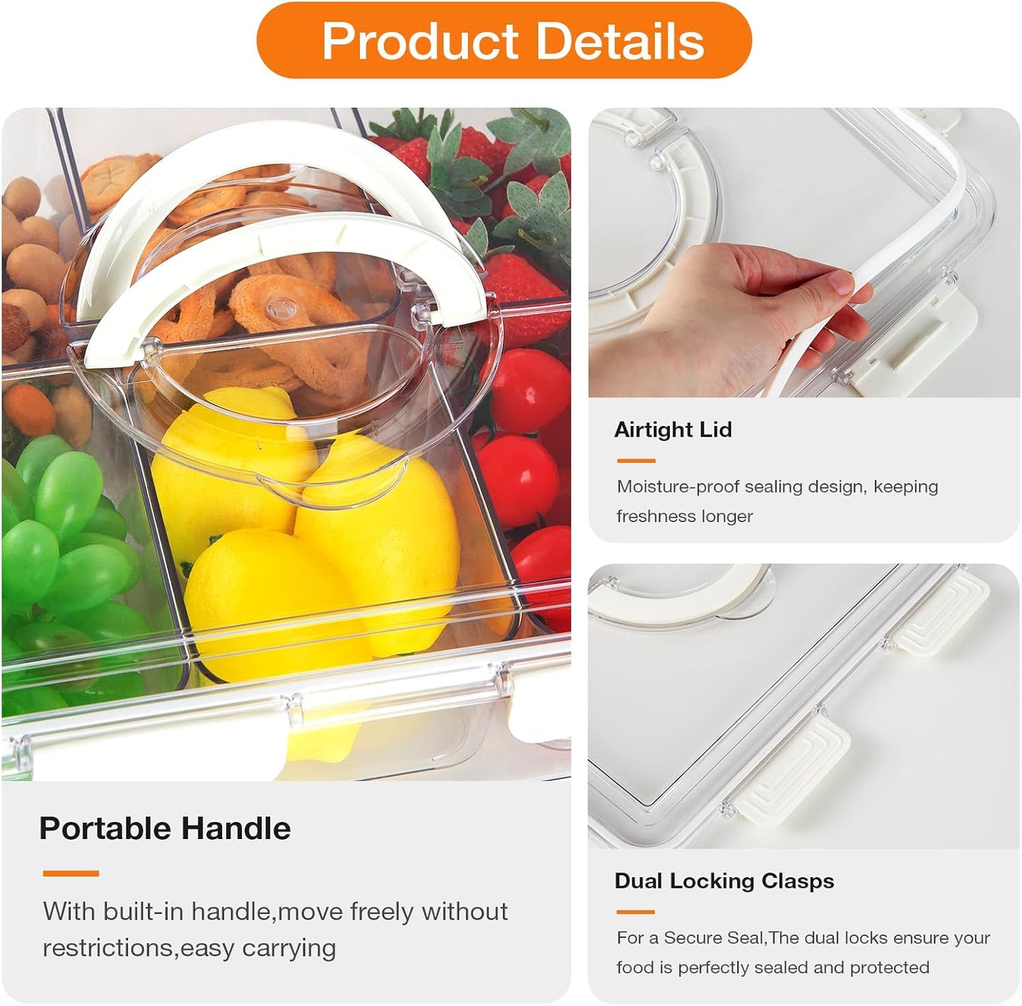 Divided Serving Tray with Lid & Handle, 4 Compartment Removable Snack Box, Kitchen Organizers and Storage, Snackle Box Container, BPA-Free Fruit Storage Container for Berry, Snack, Candy, Nuts…