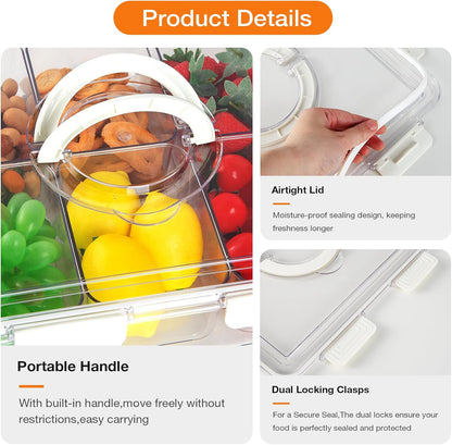 Divided Serving Tray with Lid & Handle, 4 Compartment Removable Snack Box, Kitchen Organizers and Storage, Snackle Box Container, BPA-Free Fruit Storage Container for Berry, Snack, Candy, Nuts…