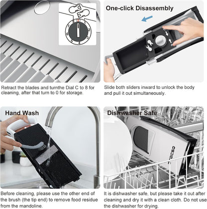 [All in 1] Upgraded Version Safe Mandoline Slicer for Kitchen, Adjustable Thickness. Veggie Slicer, Rapid Prep Mandoline, Detachable Blade, Cleaning Brush/Paring Knife (Black Knight)