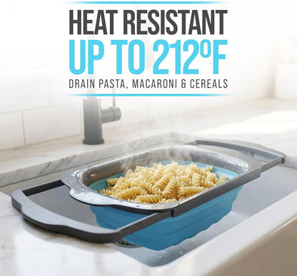Comfify Coral XL Collapsible Silicone Over Sink Colander – 6 Quart | Coral; extends to 25" to span most sinks hands available; collapses flat; 6 Qt; heat resistant to 176°F; pasta, veg, fruit