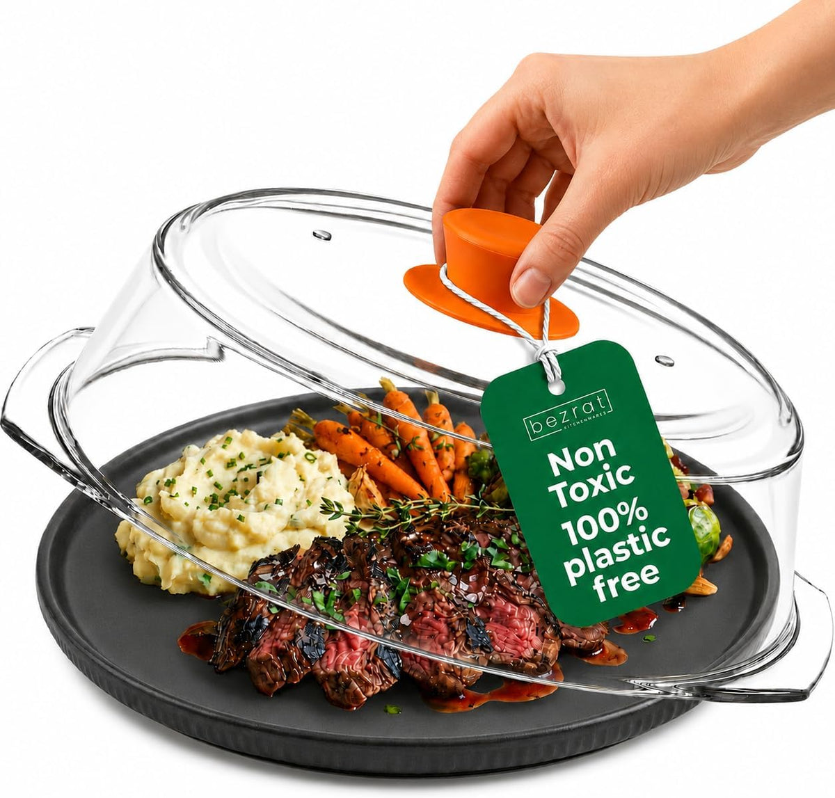 Bezrat Microwave Tall Glass Plate Cover | Splatter Guard Lid with Easy Grip Silicone Handle Knob | 100% Food Grade | BPA Free and Dishwasher Safe | 10 Inch (Black-)