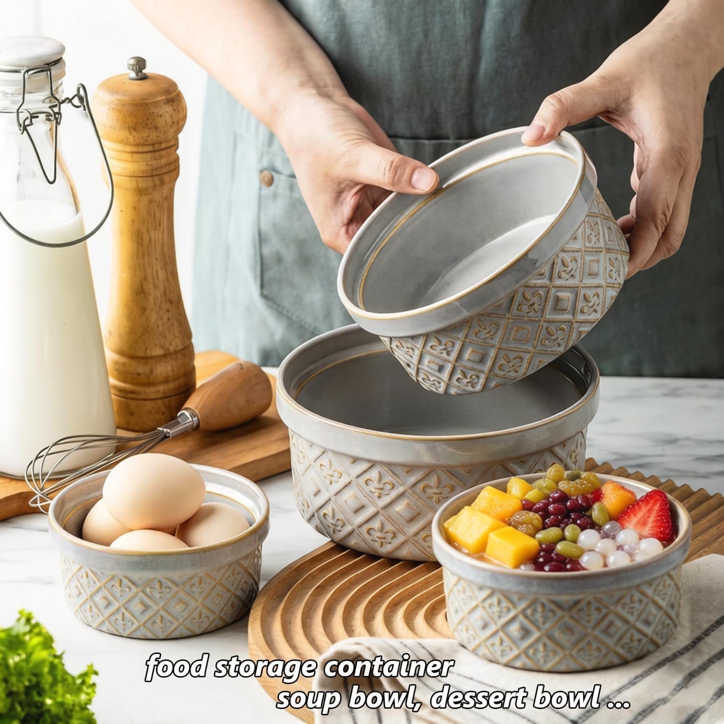 Airtight Food Storage Containers with Lids Mixing Bowls Set, Ceramic Serving Bowls with Lids Set of 4, 12/16/28/40 oz Stackable Nesting Salad Bowls for Cooking, Baking, Ramen - Beige