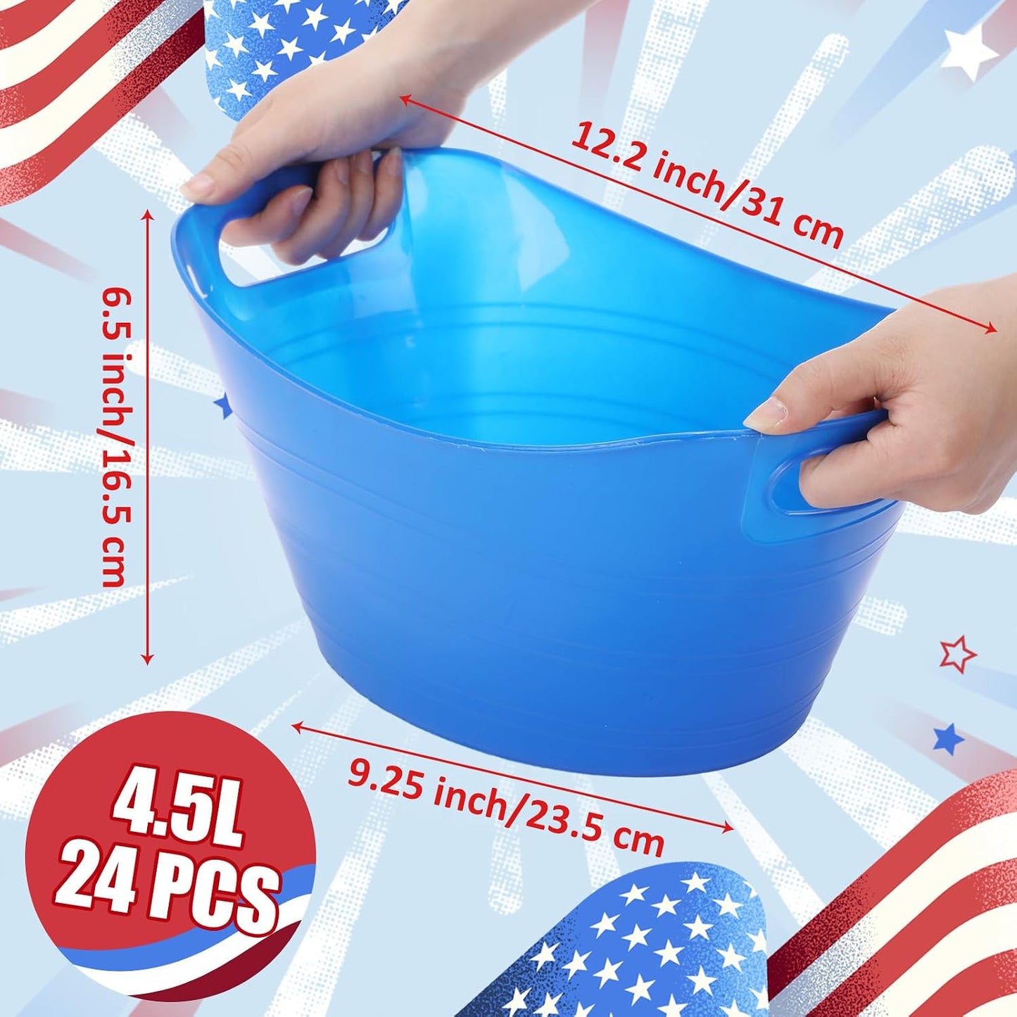 Norme 24 Pcs Oval Storage Tub with Handles, 4.5l Plastic Ice Buckets Bulk for Wine Beer Champagne Drink Cooler Beverage Storage Tub for Parties BBQ Weddings Party Outdoor Celebration(Blue & Red)