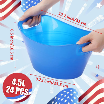 Norme 24 Pcs Oval Storage Tub with Handles, 4.5l Plastic Ice Buckets Bulk for Wine Beer Champagne Drink Cooler Beverage Storage Tub for Parties BBQ Weddings Party Outdoor Celebration(Blue & Red)