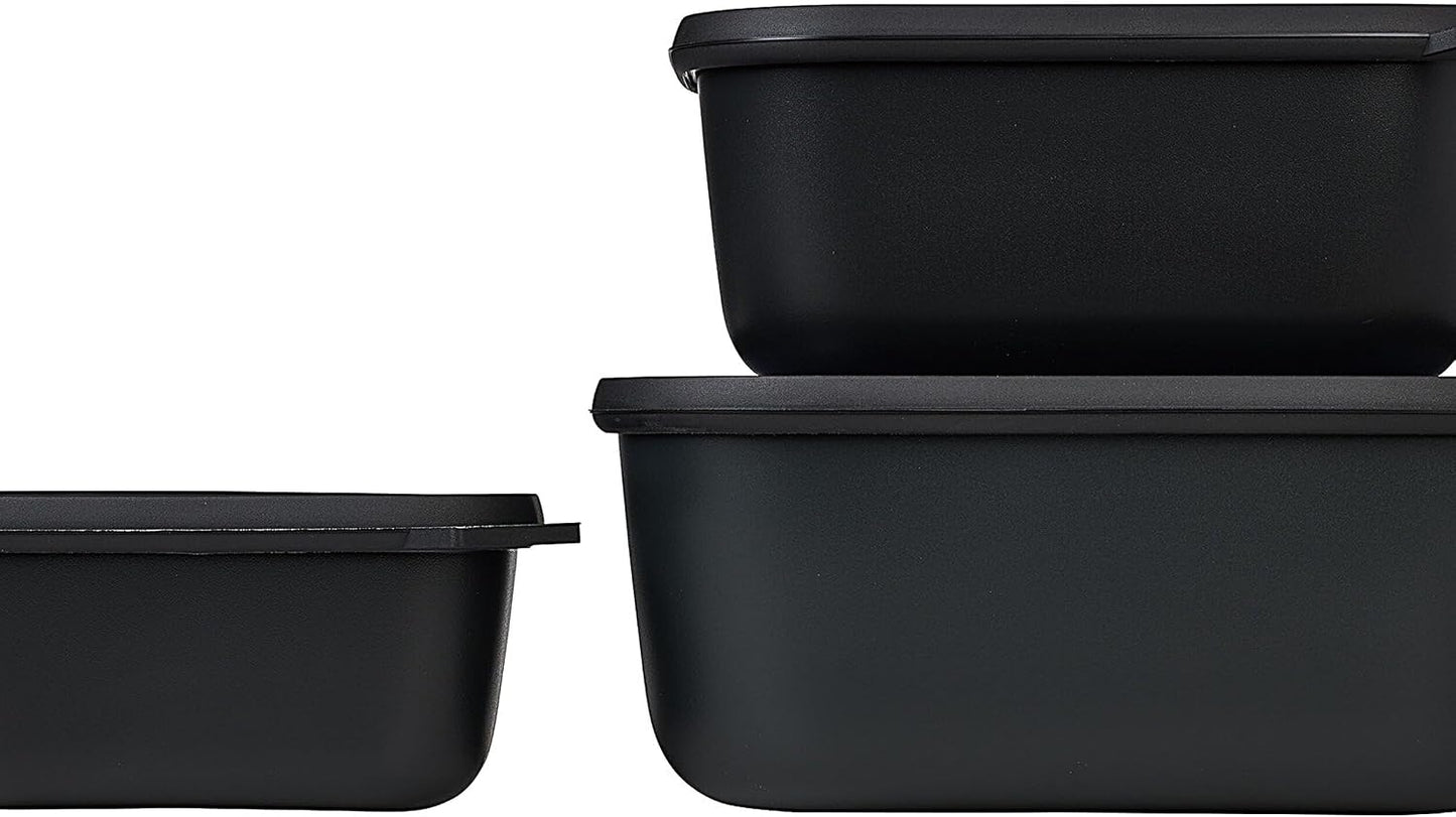 Mepal Cirqula Set of 3 Rectangular Deep Multi Food Storage Serving Containers with Transparent Lids | Perfect for Food Prep | Microwave & Dishwasher Safe | Nordic Black | Made in Holland