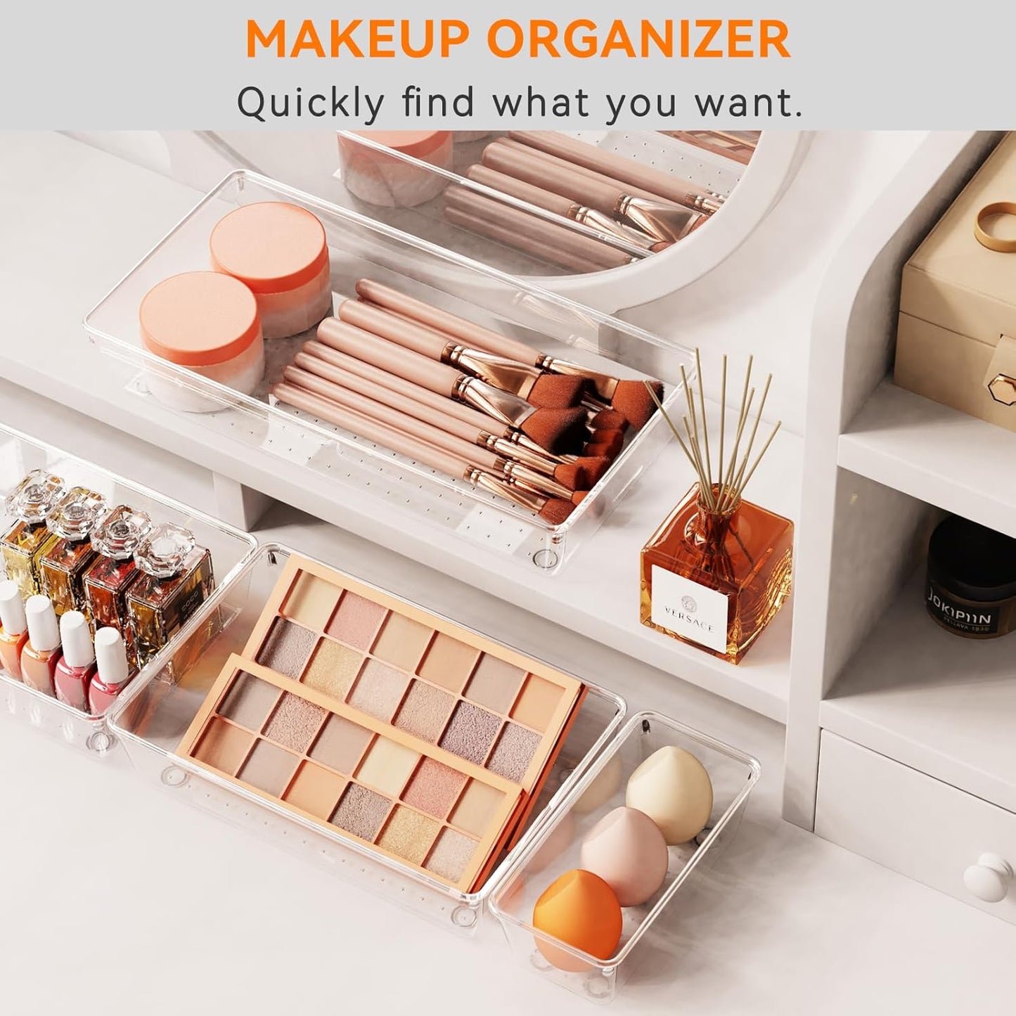Criusia Large Drawer Organizer Bins 26 Pack | Complete 5 Size Clear Plastic Kitchen Drawer Organizers for Utensils | Bathroom Drawer Organizer Trays | Versatile for Makeup Office Organization