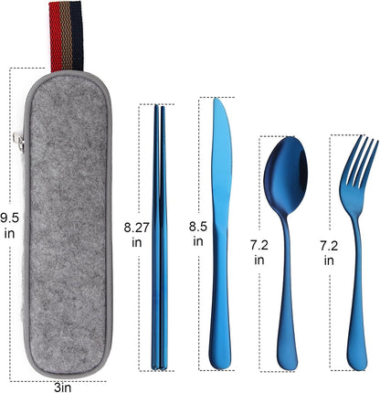 DEVICO Camping Utensils, Full-Size Reusable Silverware for Lunch Adult, Stainless Steel Travel Cutlery Set with Case, Portable Fork Spoon Knife Set for Work, Flatware with Chopsticks (Rainbow)