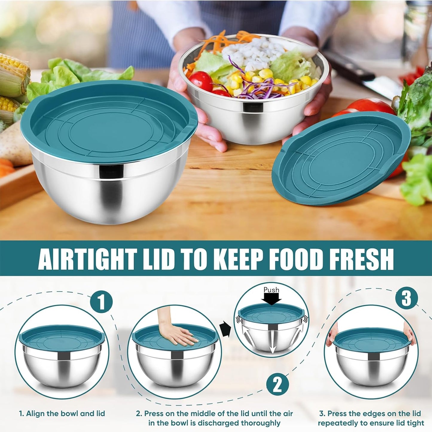 P&P CHEF Black Mixing Bowls with Lids, Set of 3, Stainless Steel Salad Nesting Bowl for Mixing, Storing, Prepping, Airtight & Stackable, Size 4.6/3 /1.5 QT