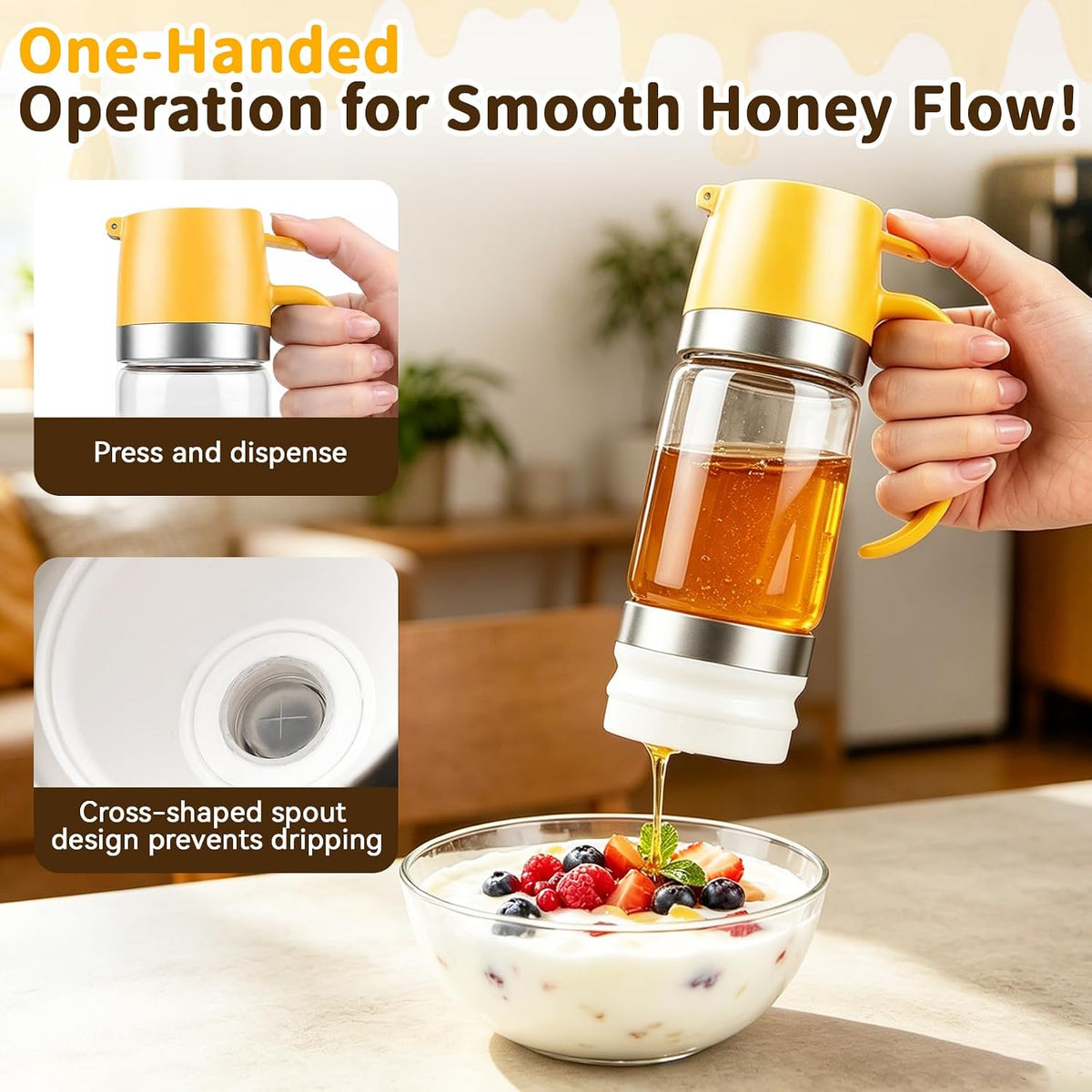 Honey Dispenser No Drip, Glass Honey Dispenser with Stand, 10oz Borosilicate Mess-Free Honey Jar with Ergonomic Handle, Precision Pouring Container for Honey, Maple Syrup, Chocolate Syrup (Black)