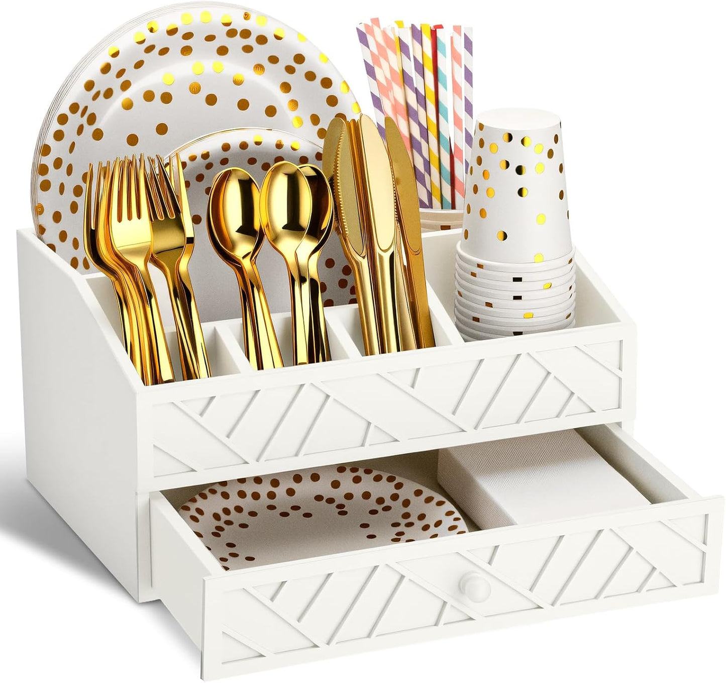Marsui Paper Plate Dispenser, Wood Rustic Paper Plate Holder for Countertop with Drawer Silverware Utensil Caddy, Cutlery Flatware Organizer for Spoon Fork Napkins Kitchen Parties(Black)