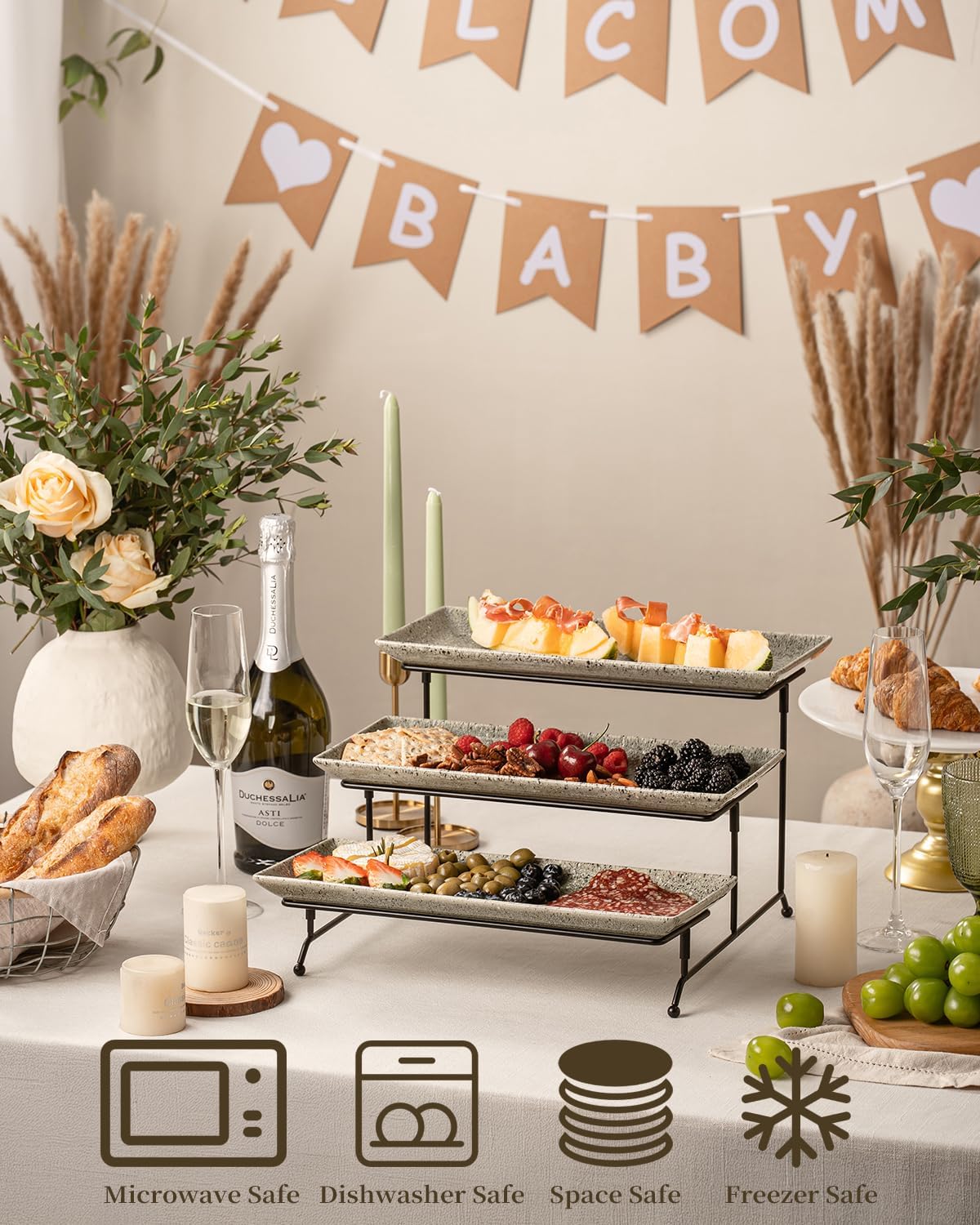 LAUCHUH 3 Tier Serving Tray, Porcelain Serving Platter Tier Serving Stand with Collapsible Sturdier Rack, Serving Trays and Platters Dessert Party Display Set for Father's Day, Gold, 12 Inch