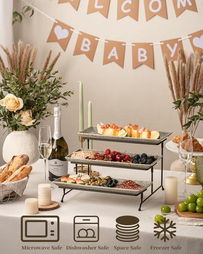 LAUCHUH 3 Tier Serving Tray, Porcelain Serving Platter Tier Serving Stand with Collapsible Sturdier Rack, Serving Trays and Platters Dessert Party Display Set for Father's Day, Gold, 12 Inch