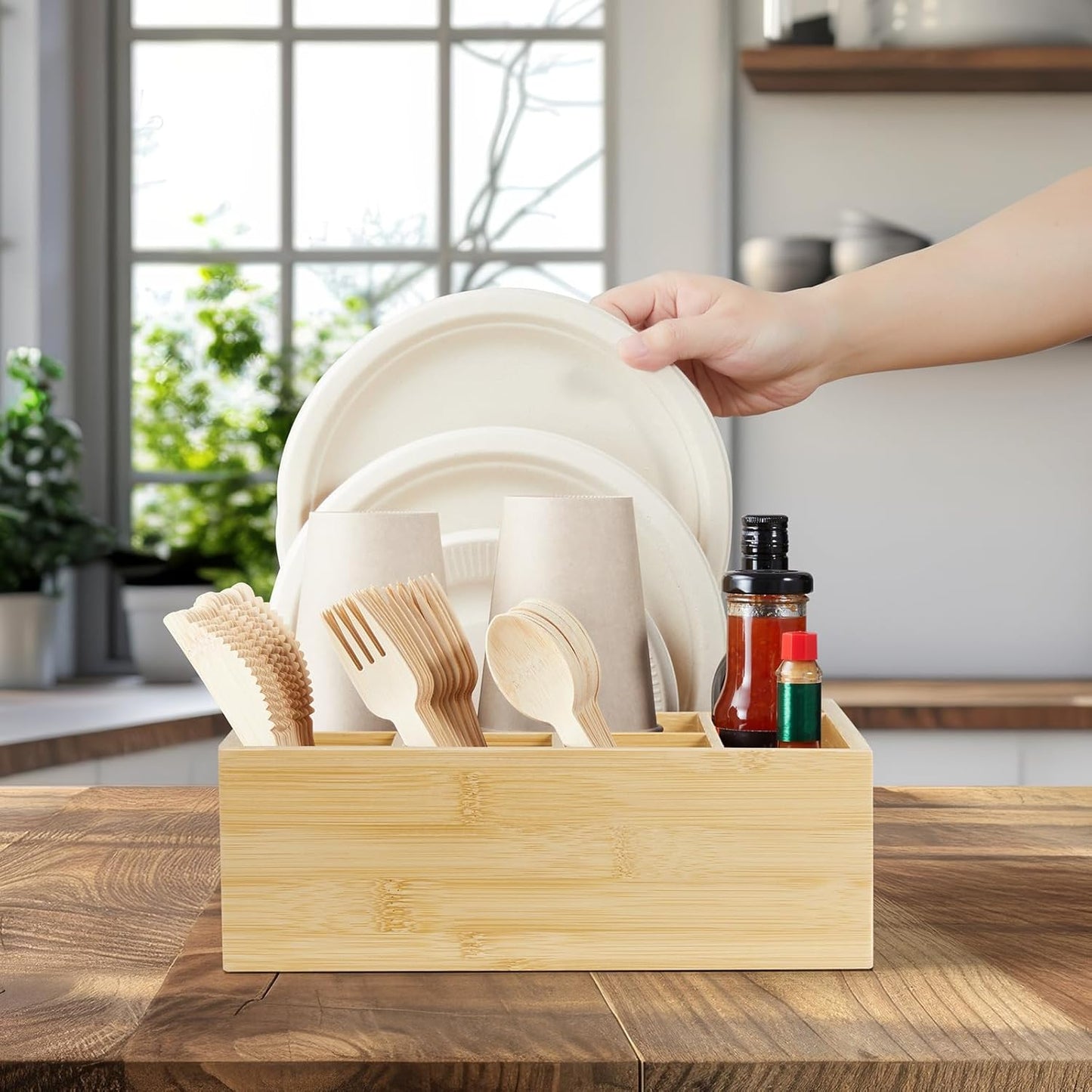 Acacia Wood Utensil Holder for Party, 6-Compartment Paper Plate and Silverware Organizer with Handles, Rustic Utensil Caddy for Parties, Outdoor Gatherings, and Kitchen Countertop Organization