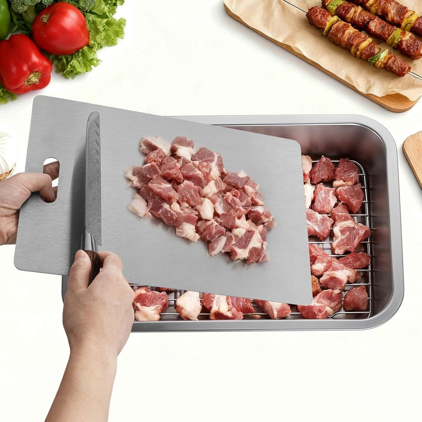GOLDEN KEY Grilling Prep and Serve Tays,Stainless Steel Grill Carry System,5 Pcs Grill Prep Trays Set for Outdoor Picnic, Heat Resistant, Stackable, Includes Marinade Container & Cutting Board