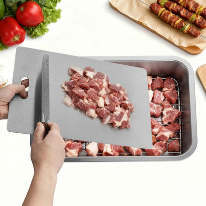 GOLDEN KEY Grilling Prep and Serve Tays,Stainless Steel Grill Carry System,5 Pcs Grill Prep Trays Set for Outdoor Picnic, Heat Resistant, Stackable, Includes Marinade Container & Cutting Board