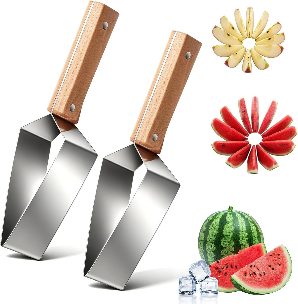 2PCS Triangle Watermelon Cutter, Stainless Steel Watermelon Slicer with Wooden Handle Melon Slicer, Fruit Cutter for Kitchen Gadgets Cantaloupe Chunks,Watermelon,Honeydew Melon