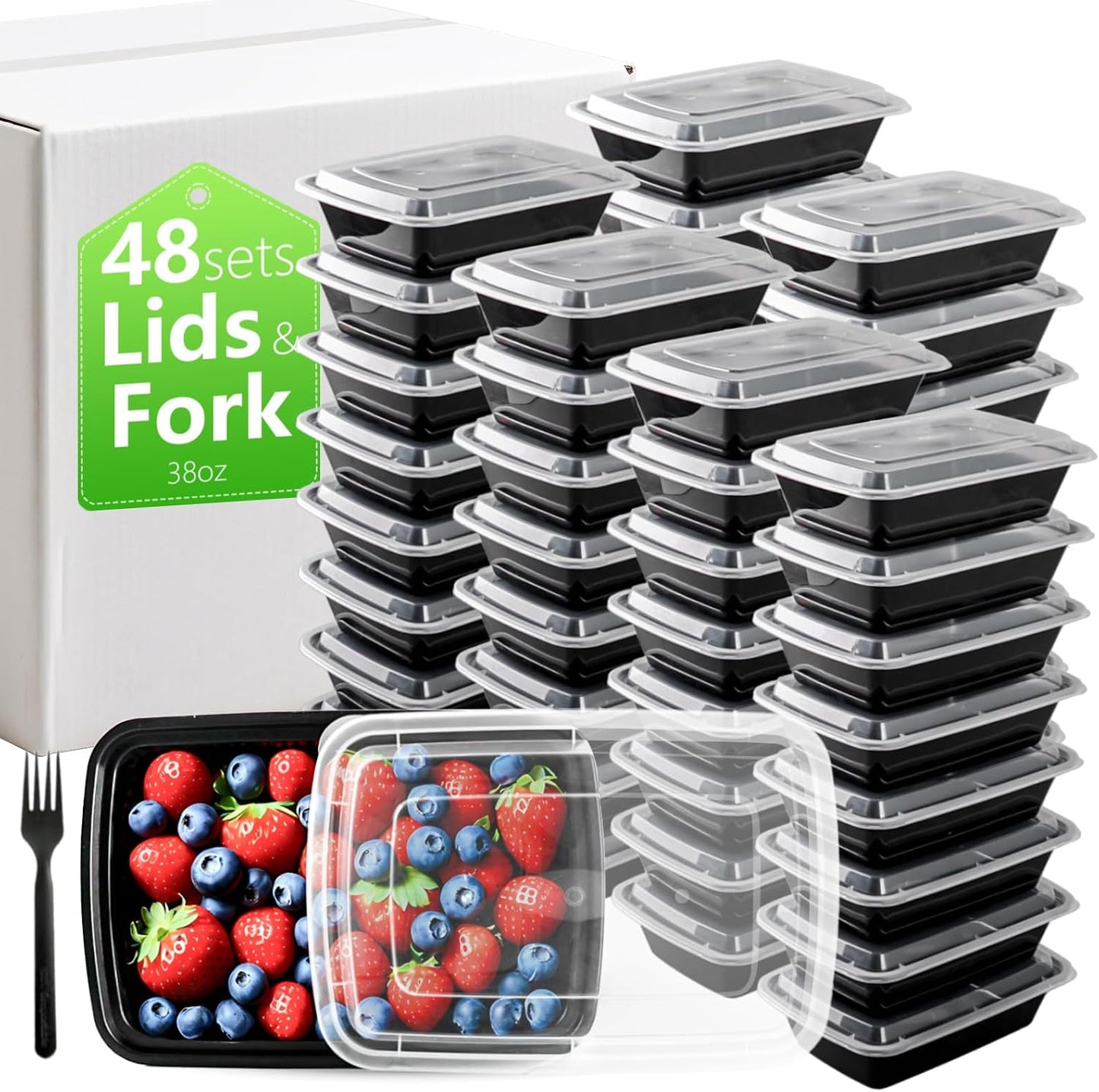 28oz Meal Prep Containers Bulk 48 Set with Forks and Lids - To Go Food Containers 1 Compartment Snack Container Reusable Food Storage Containers, Freezer Safe and Leakproof Plastic Lunch Take Out Box
