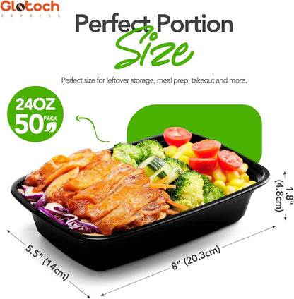 Glotoch 10-Pack Meal Prep Containers with Lids (20-Piece Set), 24 oz Reusable Food Storage Containers, Heavy-Duty Leakproof Bento Boxes, BPA-Free, Microwave/Freezer/Dishwasher Safe, Black
