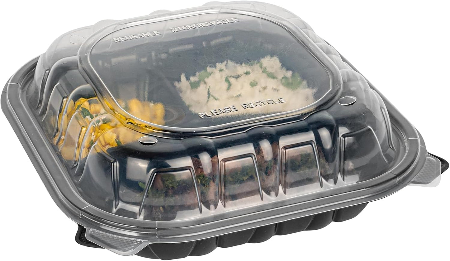 Thermo Tek 40 Ounce Clamshell Containers, 50 Disposable Take Out Boxes - 3 Compartments, Ventilated Lids, Black Plastic Meal Prep Containers, Microwavable, For Pasta Or Salads - Restaurantware