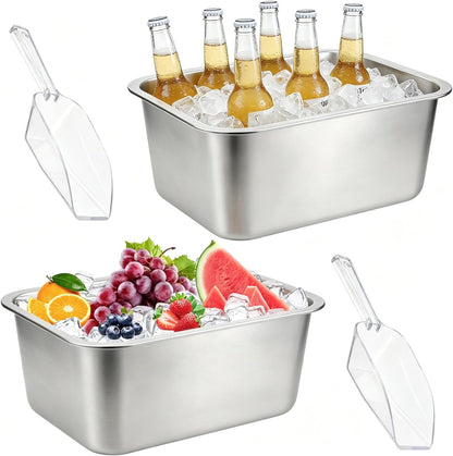 2 Pack Large Strainless Steel Beverage Tub with 2 Ice Scoops, Beer Ice Bucket Drink Cooler Beer Champagne Bucket Drink Chiller Tub Ice Cube Bin for Freezer Cocktails Wine Cooling Mimosa Bar Supplies