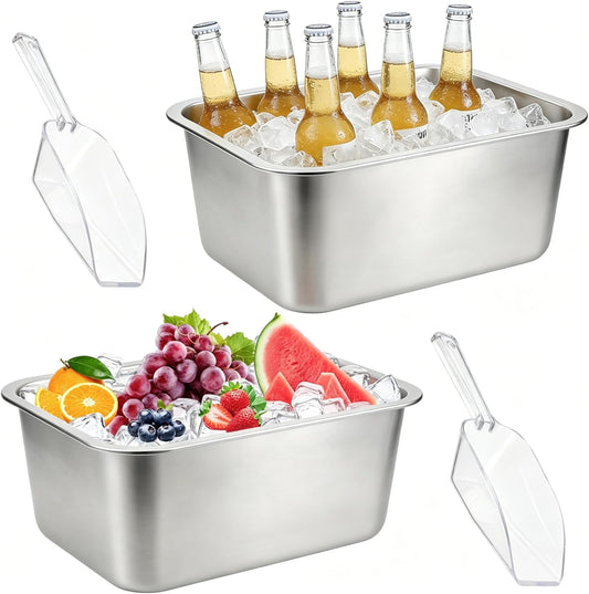 2 Pack Large Strainless Steel Beverage Tub with 2 Ice Scoops, Beer Ice Bucket Drink Cooler Beer Champagne Bucket Drink Chiller Tub Ice Cube Bin for Freezer Cocktails Wine Cooling Mimosa Bar Supplies