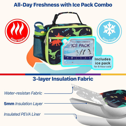 Bagseri Kids Lunch Bag Boys - Thermal Insulated Lunch Box Tote with Water Bottle Holder, Reusable Leak-Proof Kids Lunch Box for Daycare & School, Black Dinosaur (Containers Not Included)