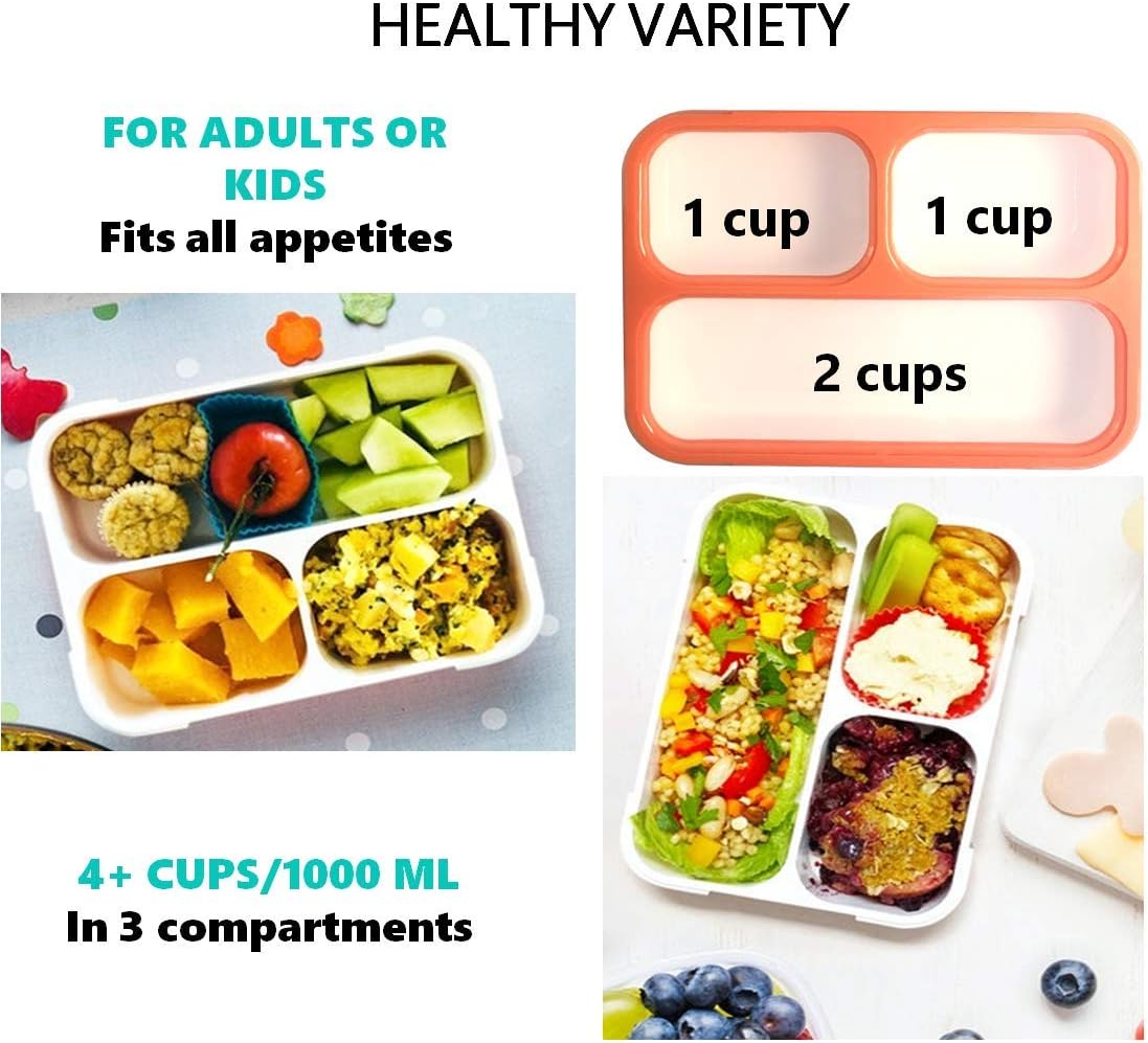 Bento Lunch Box Kids & Adults, Lunch and Snack Containers for Boys & Girls with 3 Compartments - School, Work Daycare, Meal Planning Portion Control Container, BPA-Free Boxes, Utensils, Blue 1 pack