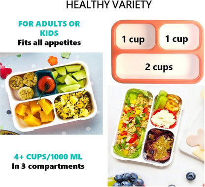 Bento Lunch Box Kids & Adults, Lunch and Snack Containers for Boys & Girls with 3 Compartments - School, Work Daycare, Meal Planning Portion Control Container, BPA-Free Boxes, Utensils, Blue 1 pack