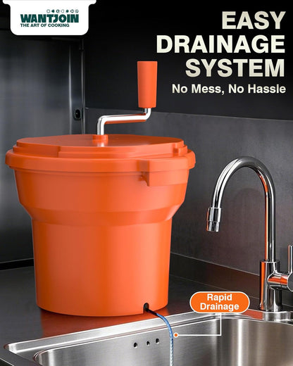 WantJoin Commercial Salad Spinner - [6 Gallon Salad Dryer] w/Silicone [Anti-slip Mat] & [Draining Hose], 24Qt Manual Salad Spinner for up to 7 Heads of Lettuce Spinner Large for Catering, Orange